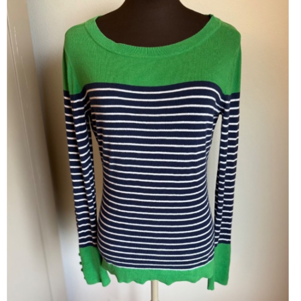 Nautica Boatneck Sweater - Size S / Green & Navy Striped